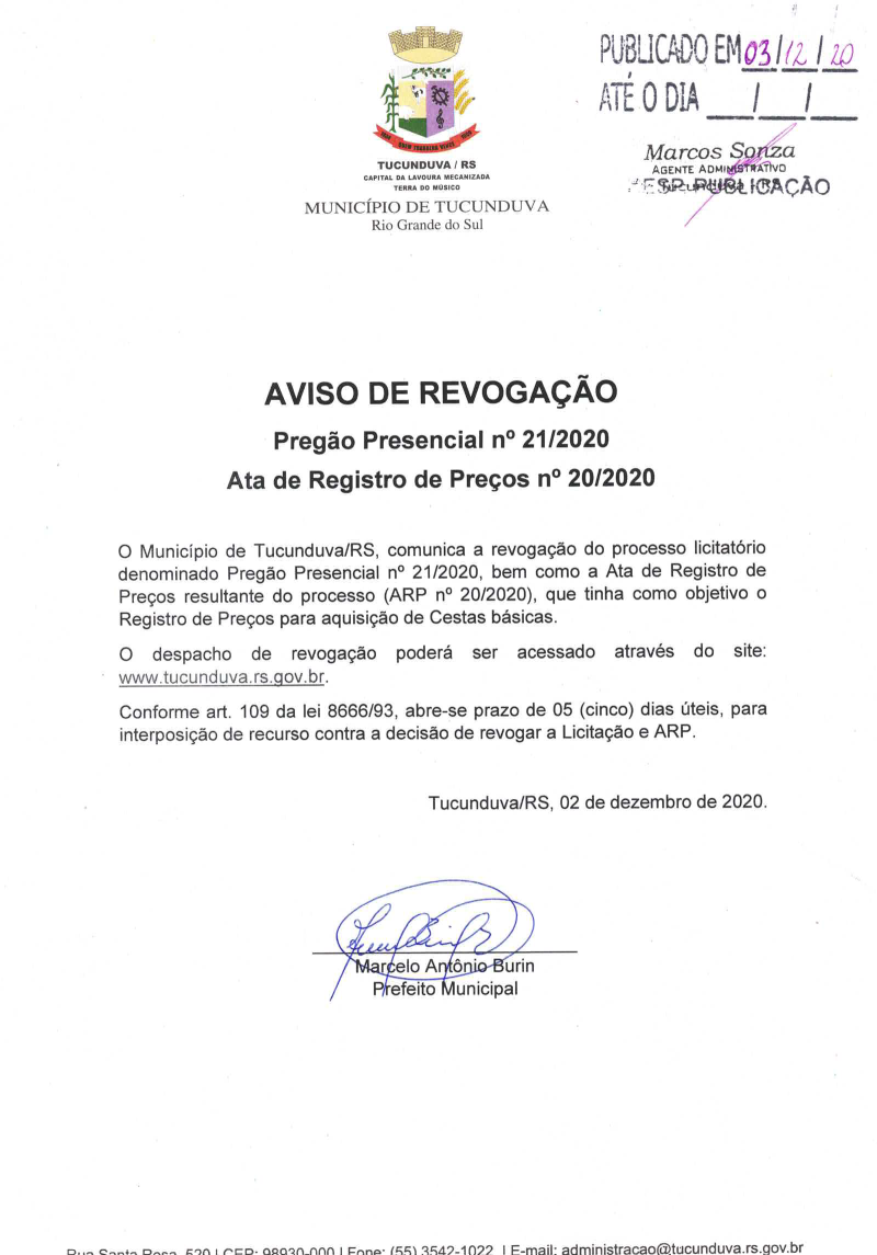 AVISO REVOGAÇÃO_ABERTURA PRAZO DE RECURSO PP21_20 E ARP 20_20_SRP CESTAS BÁSICAS